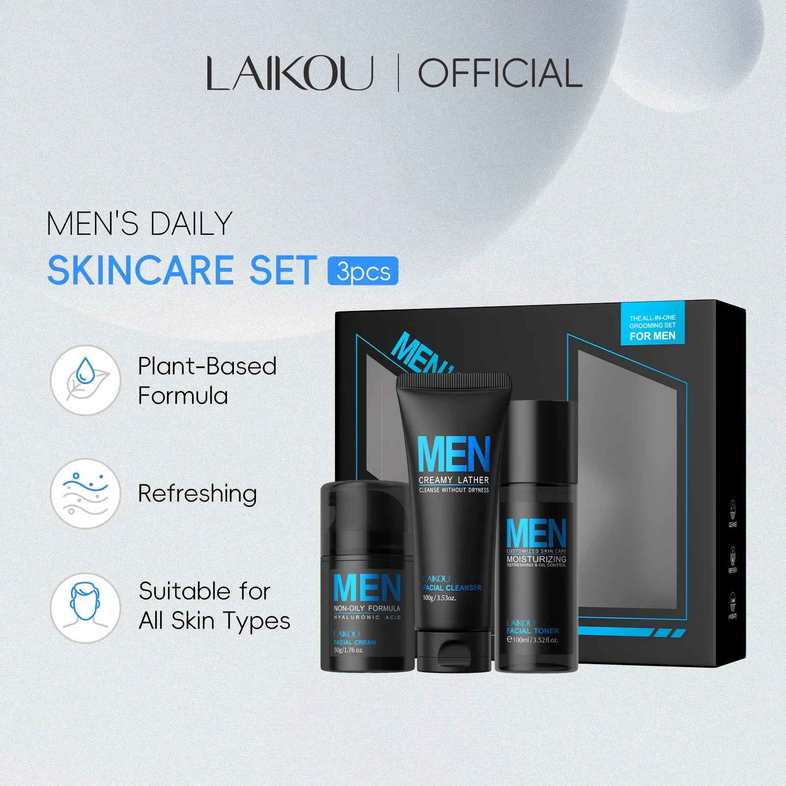 Coffret de soin 3 en 1 pour homme : nettoyant, lotion tonique, crème hydratante et rafraîchissante, contrôle du sébum, soin quotidien du visage