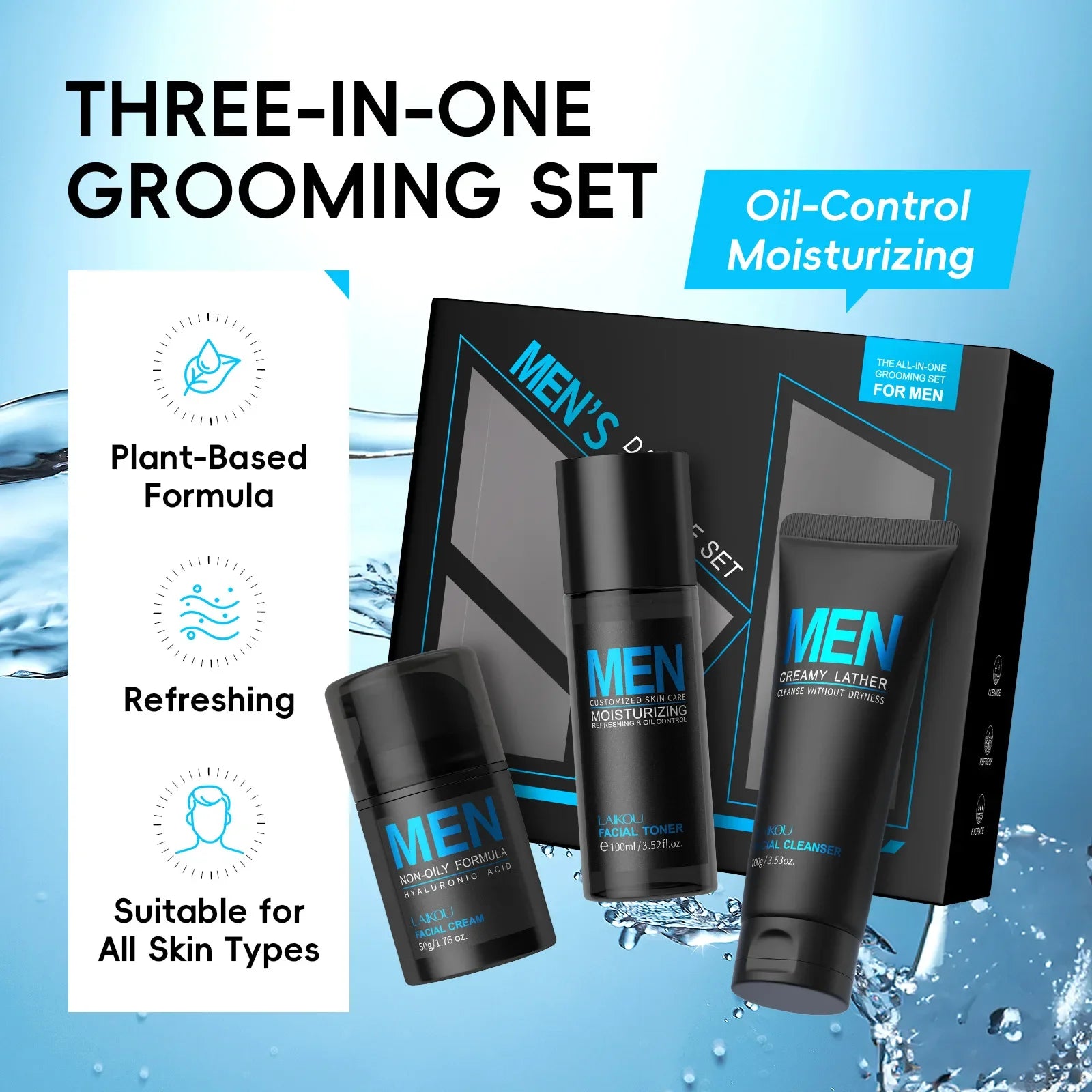 Coffret de soin 3 en 1 pour homme : nettoyant, lotion tonique, crème hydratante et rafraîchissante, contrôle du sébum, soin quotidien du visage