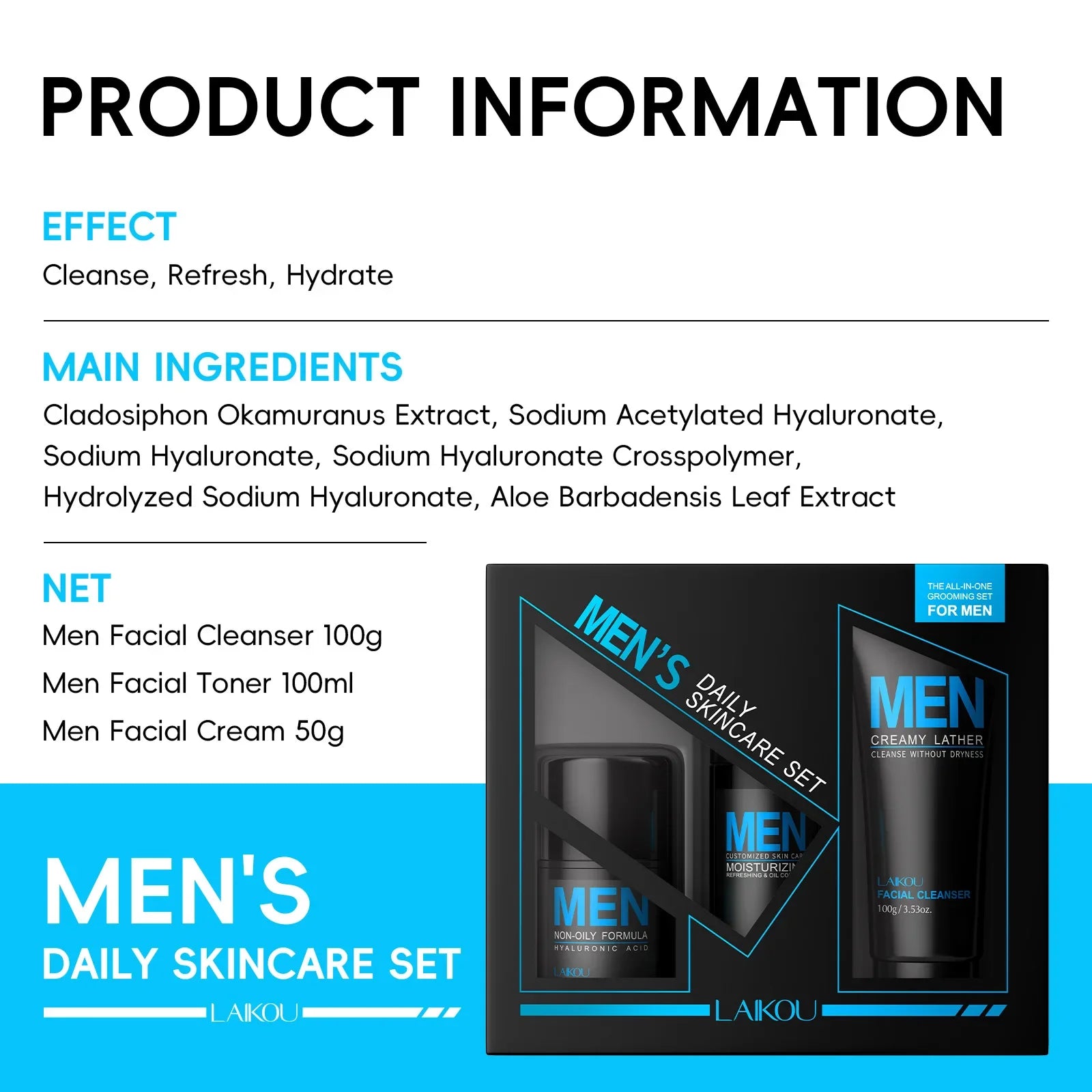 Coffret de soin 3 en 1 pour homme : nettoyant, lotion tonique, crème hydratante et rafraîchissante, contrôle du sébum, soin quotidien du visage